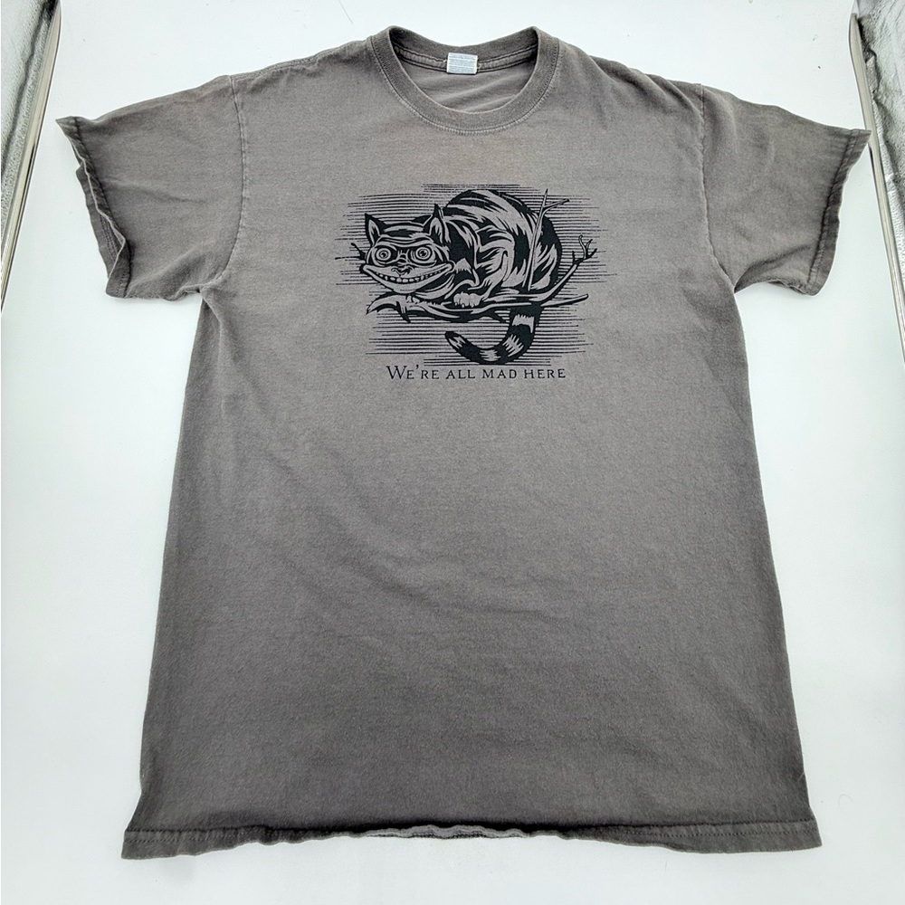 Alice in Wonderland T Shirt We’re All Mad Here Cheshire Cat Mad Hatter Medium